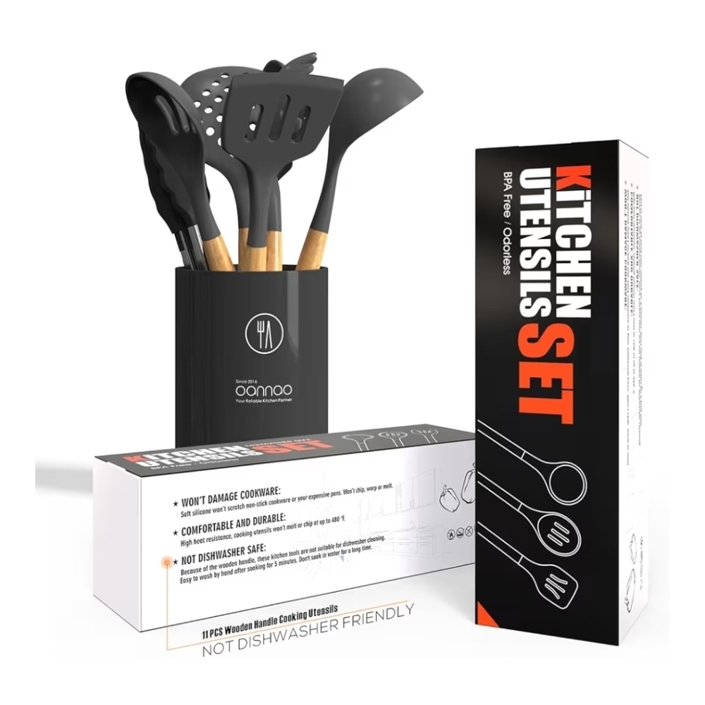 Silicone Cooking Utensils Set 13 Pcs - BPA Free Kitchen Utensil Set with Heat-Re